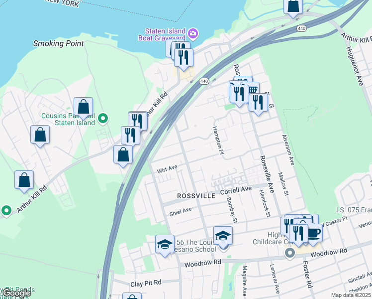 map of restaurants, bars, coffee shops, grocery stores, and more near 89 Wirt Avenue in Staten Island