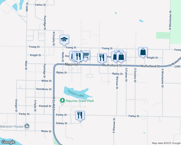 map of restaurants, bars, coffee shops, grocery stores, and more near 210 South Barnett Street in Nauvoo