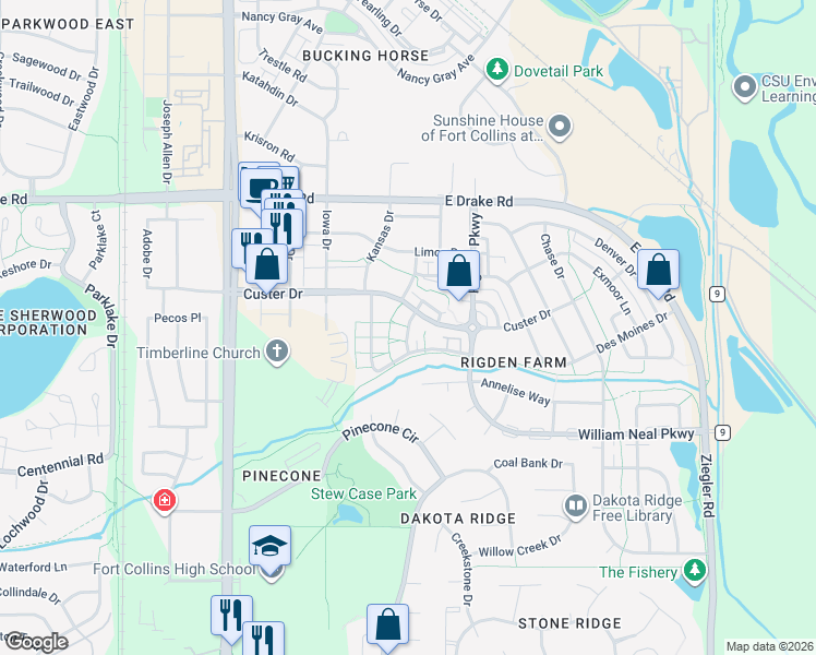 map of restaurants, bars, coffee shops, grocery stores, and more near Willow Tree Lane in Fort Collins