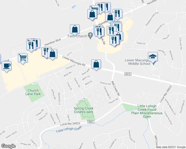 map of restaurants, bars, coffee shops, grocery stores, and more near 1327 Mohr Circle in Macungie
