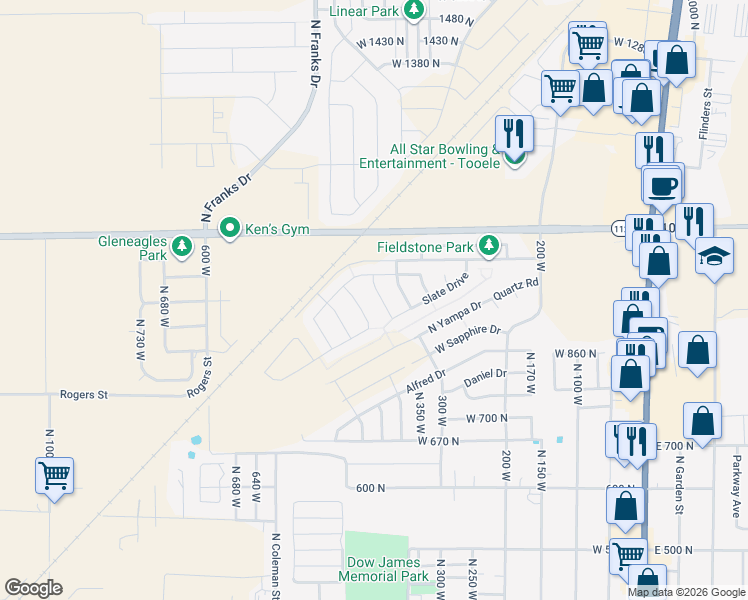map of restaurants, bars, coffee shops, grocery stores, and more near 895 Petro Drive in Tooele