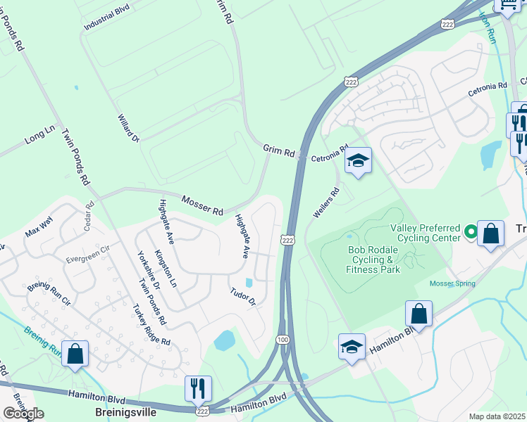 map of restaurants, bars, coffee shops, grocery stores, and more near 978 King Way in Breinigsville