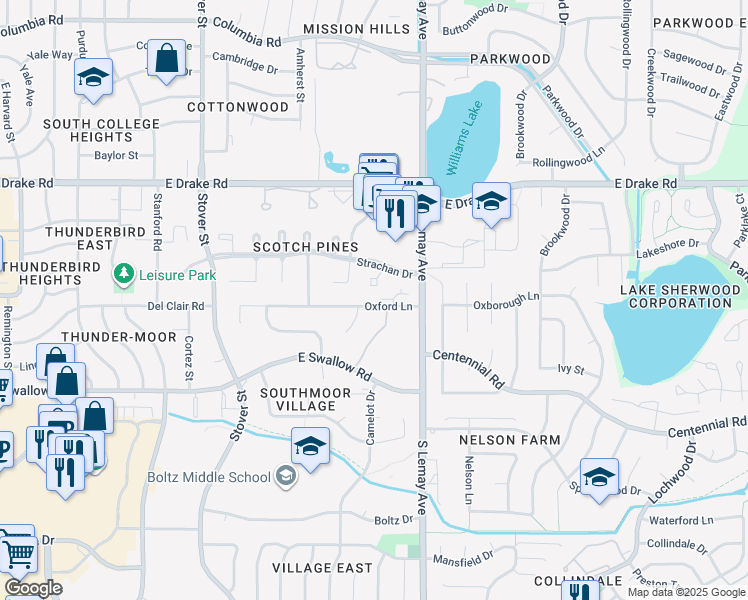 map of restaurants, bars, coffee shops, grocery stores, and more near 2900 Oxford Court in Fort Collins