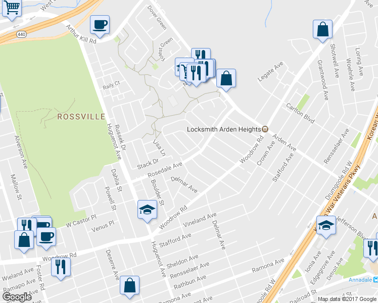 map of restaurants, bars, coffee shops, grocery stores, and more near Green Valley Road in Staten Island