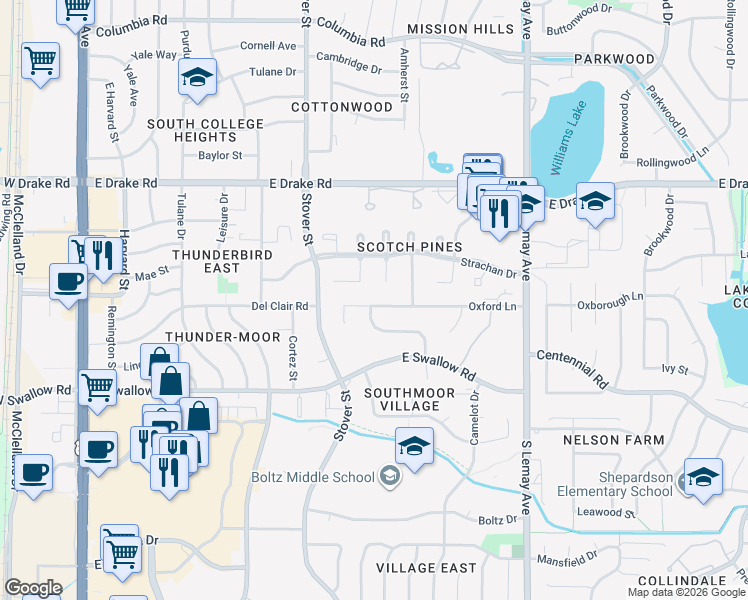 map of restaurants, bars, coffee shops, grocery stores, and more near 2924 Southmoor Drive in Fort Collins