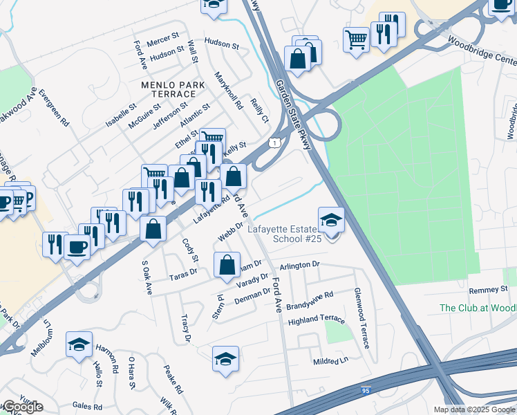 map of restaurants, bars, coffee shops, grocery stores, and more near 10 Wisteria Drive in Woodbridge Township