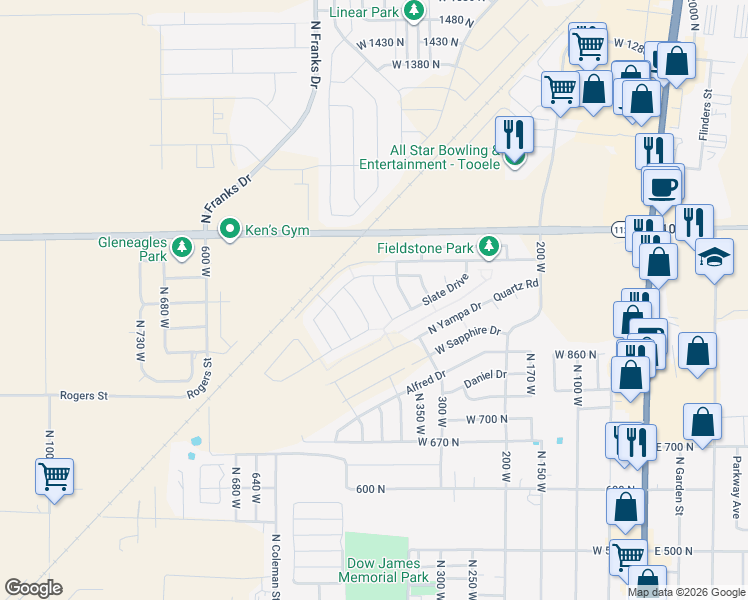 map of restaurants, bars, coffee shops, grocery stores, and more near 895 Petro Drive in Tooele
