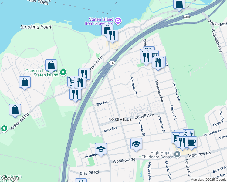 map of restaurants, bars, coffee shops, grocery stores, and more near 89 Wirt Avenue in Staten Island