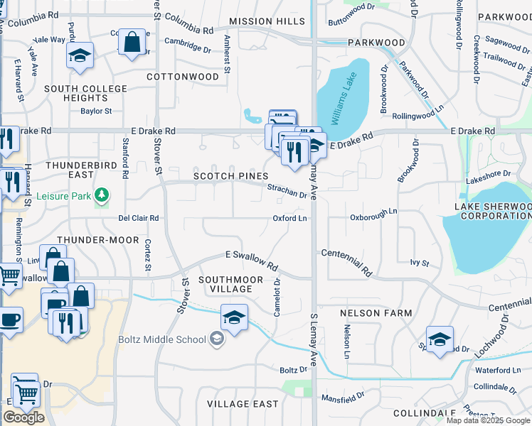 map of restaurants, bars, coffee shops, grocery stores, and more near 2813 Edinburgh Court in Fort Collins