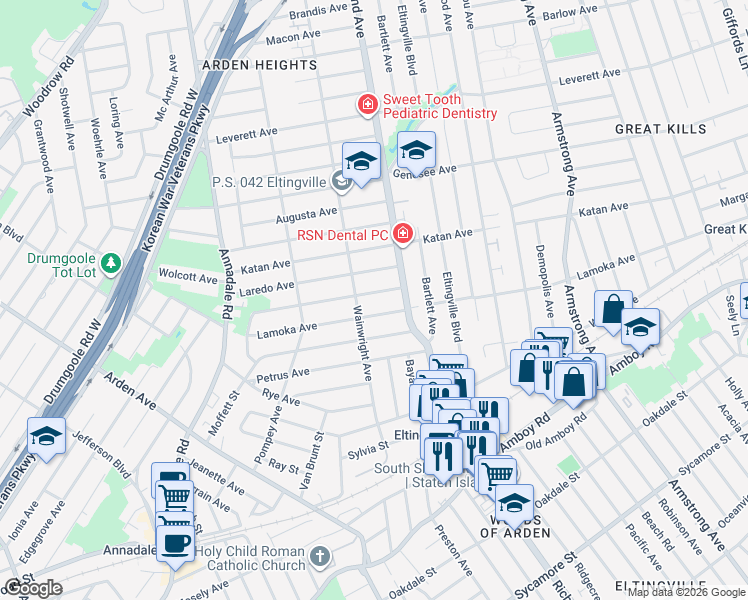 map of restaurants, bars, coffee shops, grocery stores, and more near 42 Laredo Avenue in Staten Island