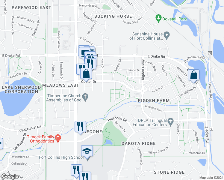map of restaurants, bars, coffee shops, grocery stores, and more near 2851 Kansas Drive in Fort Collins
