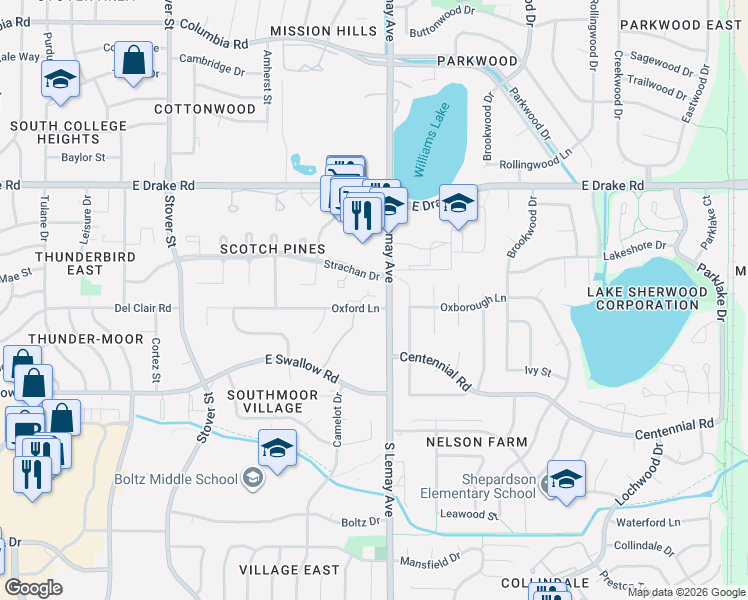 map of restaurants, bars, coffee shops, grocery stores, and more near 1001 Strachan Drive in Fort Collins