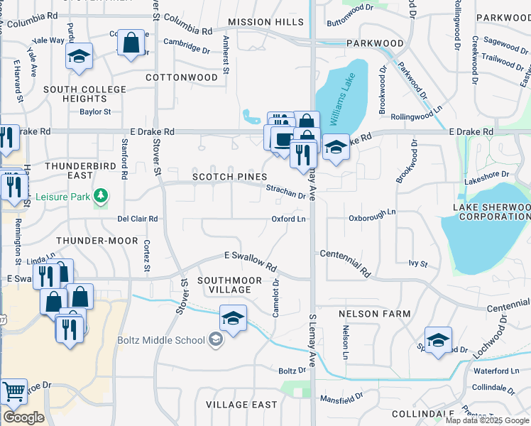 map of restaurants, bars, coffee shops, grocery stores, and more near 2813 Edinburgh Court in Fort Collins