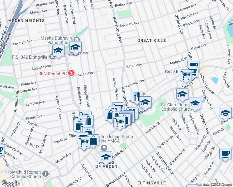 map of restaurants, bars, coffee shops, grocery stores, and more near 68 Demopolis Avenue in Staten Island