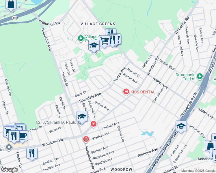 map of restaurants, bars, coffee shops, grocery stores, and more near 382 Green Valley Road in Staten Island