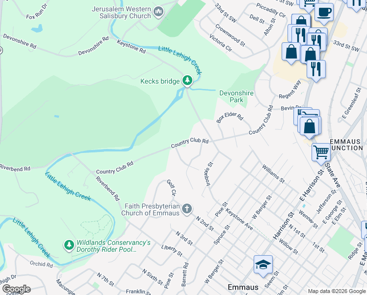map of restaurants, bars, coffee shops, grocery stores, and more near 2875 Country Club Road in Allentown