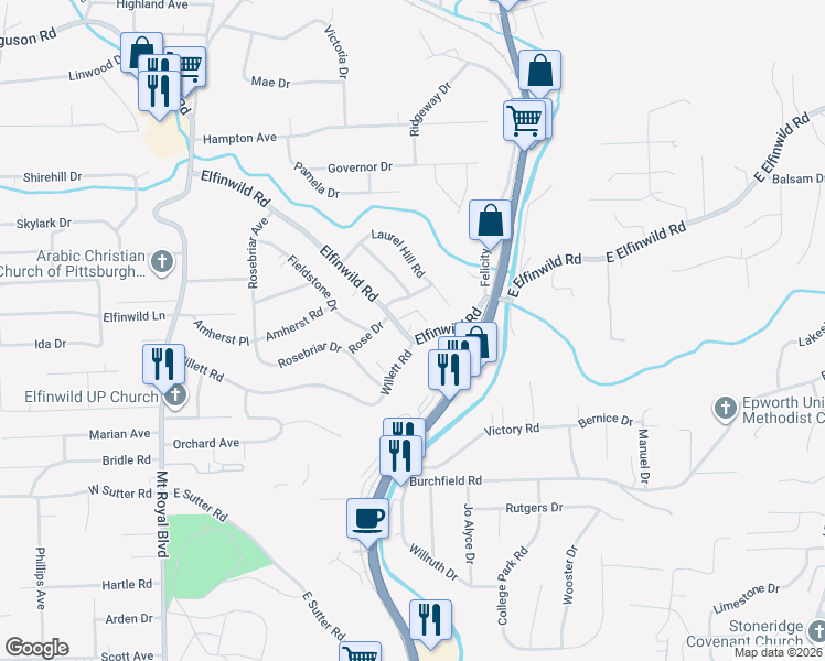 map of restaurants, bars, coffee shops, grocery stores, and more near 3728 Holly Springs Drive in Allegheny County