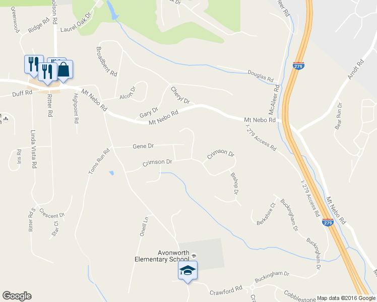 map of restaurants, bars, coffee shops, grocery stores, and more near 163 Gene Drive in Pittsburgh