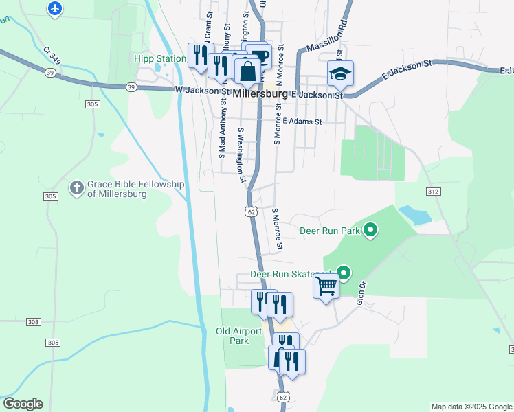 map of restaurants, bars, coffee shops, grocery stores, and more near 474 South Clay Street in Millersburg