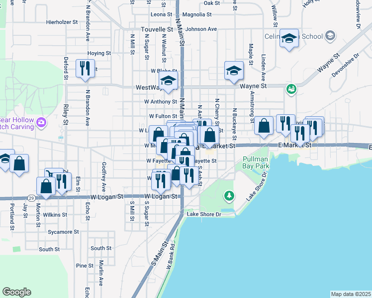 map of restaurants, bars, coffee shops, grocery stores, and more near in Celina