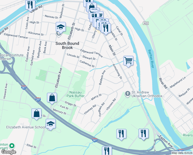 map of restaurants, bars, coffee shops, grocery stores, and more near 231 Maple Avenue in South Bound Brook