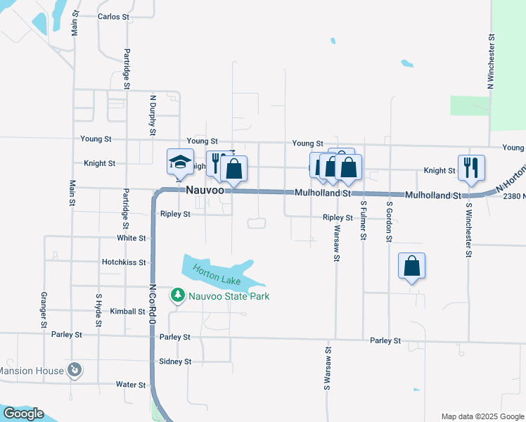 map of restaurants, bars, coffee shops, grocery stores, and more near 210 South Barnett Street in Nauvoo