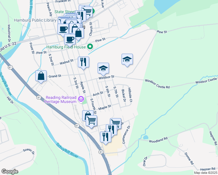 map of restaurants, bars, coffee shops, grocery stores, and more near 410 South 7th Street in Hamburg