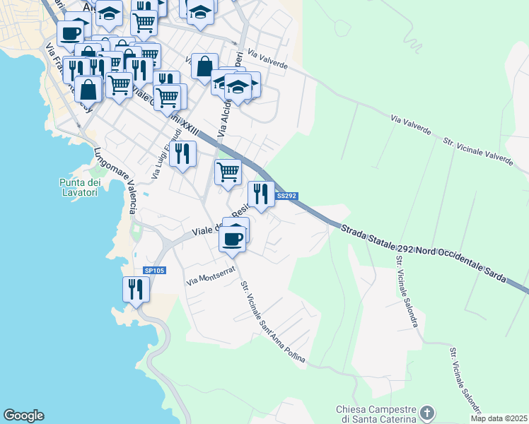 map of restaurants, bars, coffee shops, grocery stores, and more near 9 Via Emilio Lussu in Alghero