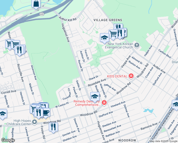 map of restaurants, bars, coffee shops, grocery stores, and more near 27 Geyser Drive in Staten Island