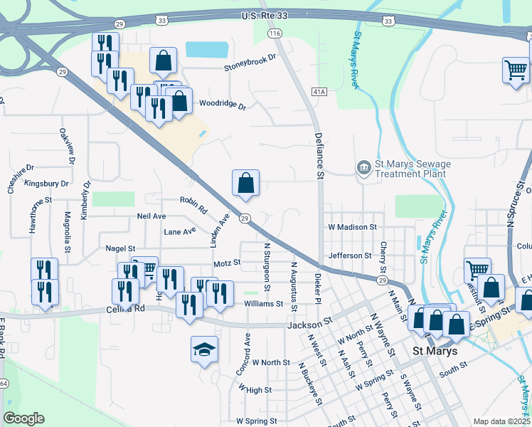 map of restaurants, bars, coffee shops, grocery stores, and more near 800 Indiana Avenue in Saint Marys