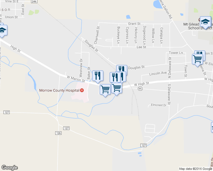 map of restaurants, bars, coffee shops, grocery stores, and more near 558 West Marion Street in Mount Gilead