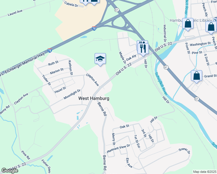 map of restaurants, bars, coffee shops, grocery stores, and more near 527 West State Street in Hamburg