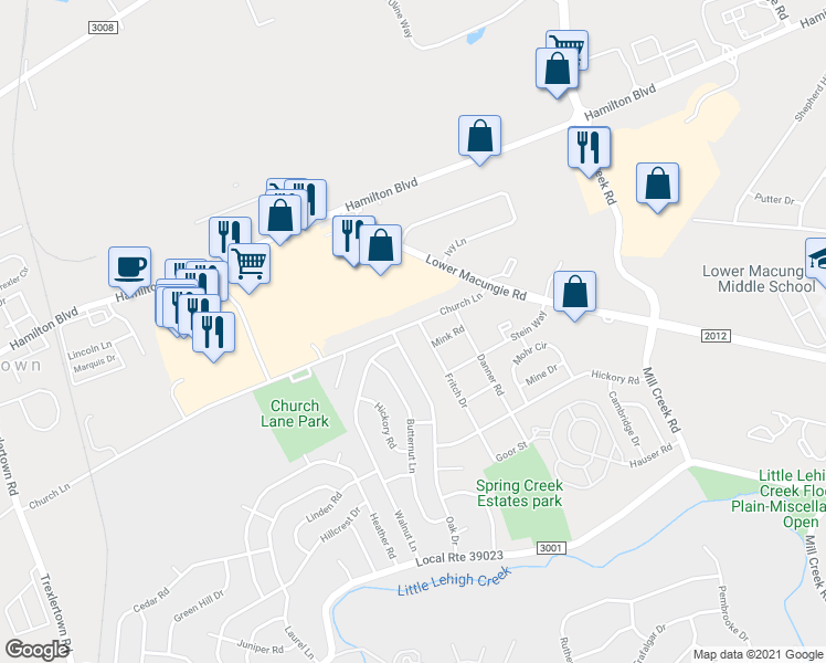 map of restaurants, bars, coffee shops, grocery stores, and more near 1224 Fritch Drive in Macungie