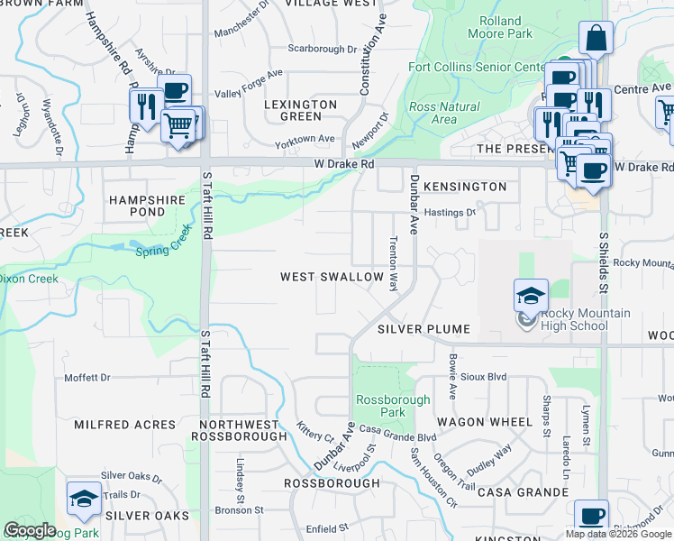 map of restaurants, bars, coffee shops, grocery stores, and more near 1801 Hull Street in Fort Collins