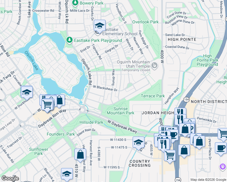 map of restaurants, bars, coffee shops, grocery stores, and more near 11107 Sunup Way in South Jordan