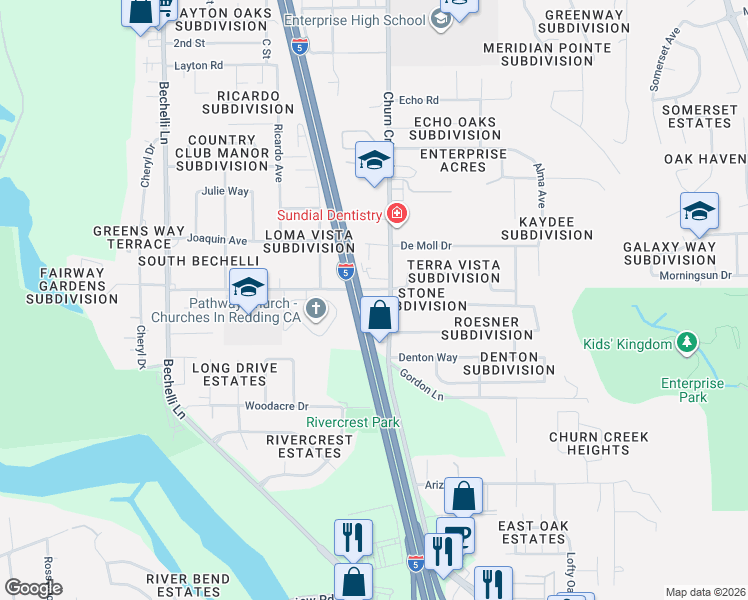 map of restaurants, bars, coffee shops, grocery stores, and more near in Redding