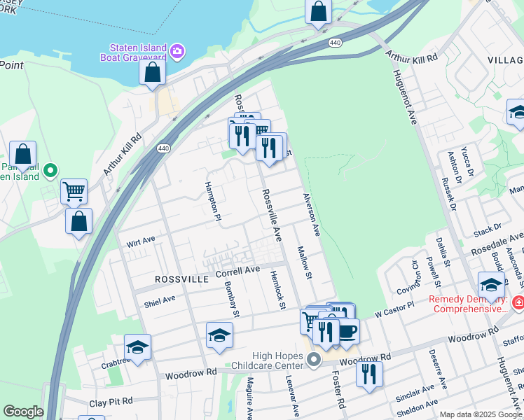 map of restaurants, bars, coffee shops, grocery stores, and more near 78 Selkirk Street in Staten Island