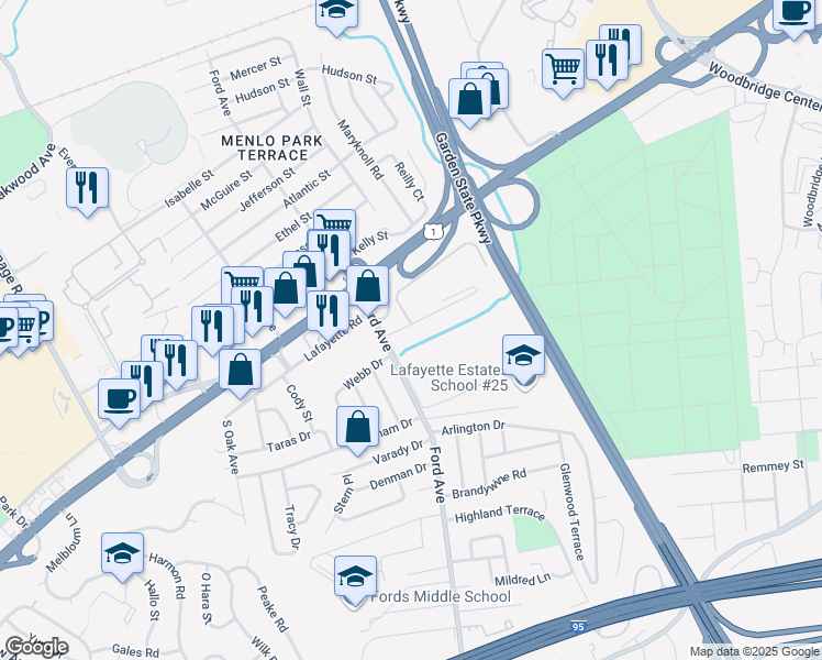 map of restaurants, bars, coffee shops, grocery stores, and more near 13 Wisteria Drive in Woodbridge Township