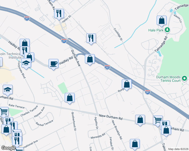 map of restaurants, bars, coffee shops, grocery stores, and more near Hadley Road in South Plainfield