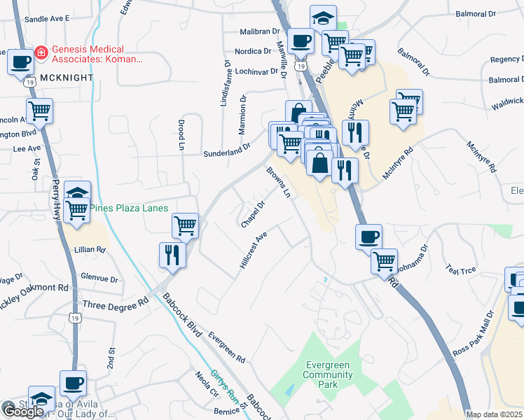 map of restaurants, bars, coffee shops, grocery stores, and more near 205 Plymouth Square in Pittsburgh
