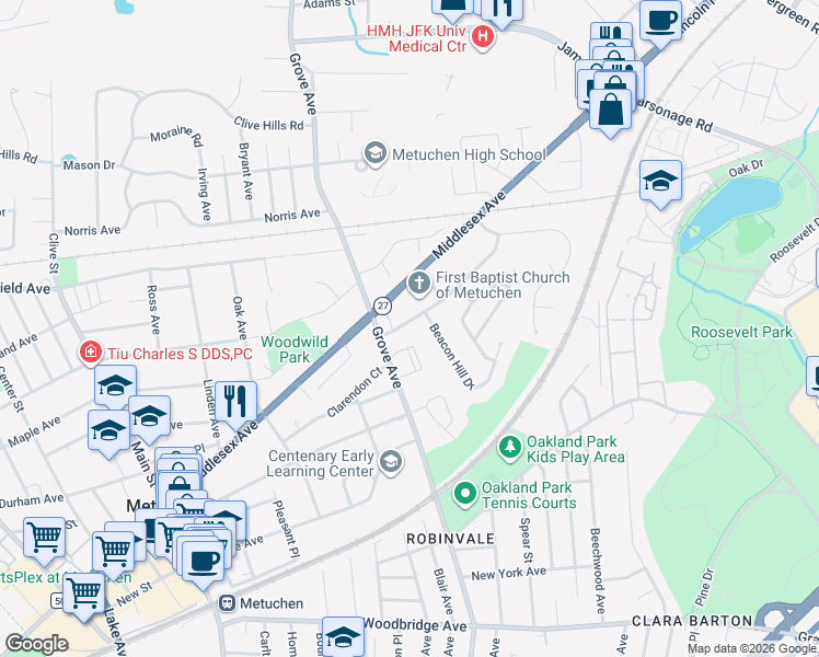 map of restaurants, bars, coffee shops, grocery stores, and more near 25 Woodside Avenue in Metuchen