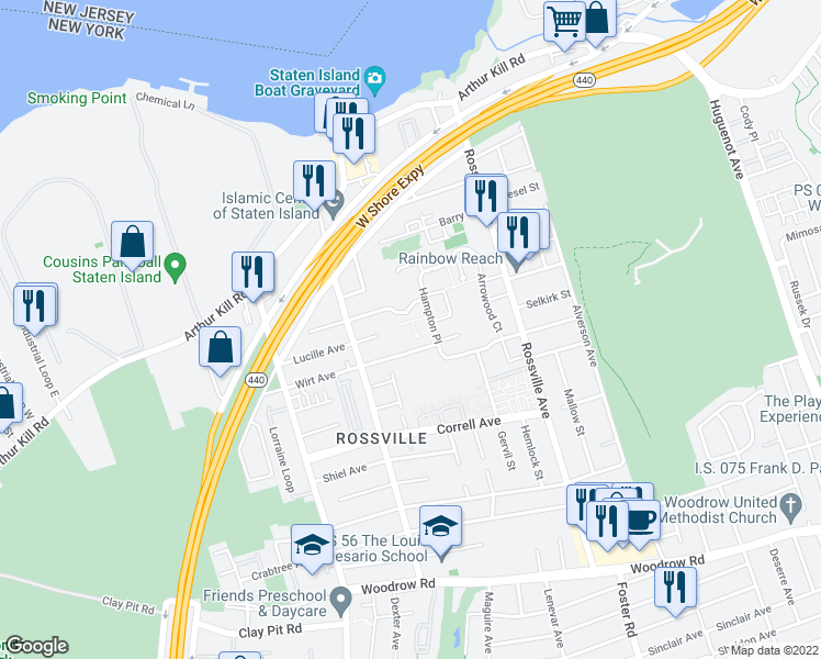 map of restaurants, bars, coffee shops, grocery stores, and more near 33 Charleston Avenue in Staten Island