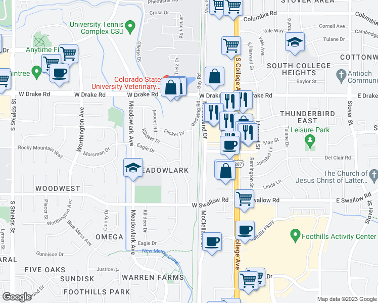 map of restaurants, bars, coffee shops, grocery stores, and more near 2809 Redwing Road in Fort Collins