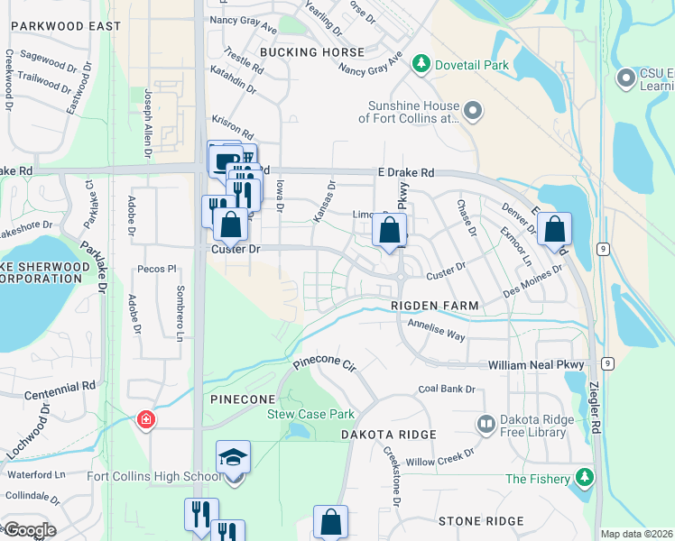 map of restaurants, bars, coffee shops, grocery stores, and more near 2419 Custer Drive in Fort Collins