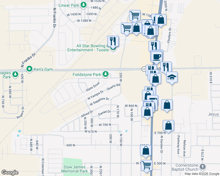 map of restaurants, bars, coffee shops, grocery stores, and more near 294 West Quartz Road in Tooele