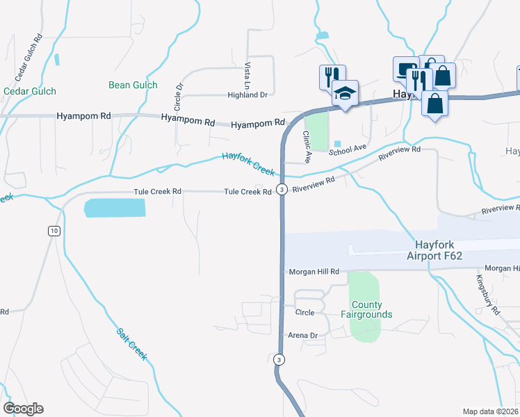 map of restaurants, bars, coffee shops, grocery stores, and more near 154 Tule Creek Road in Hayfork