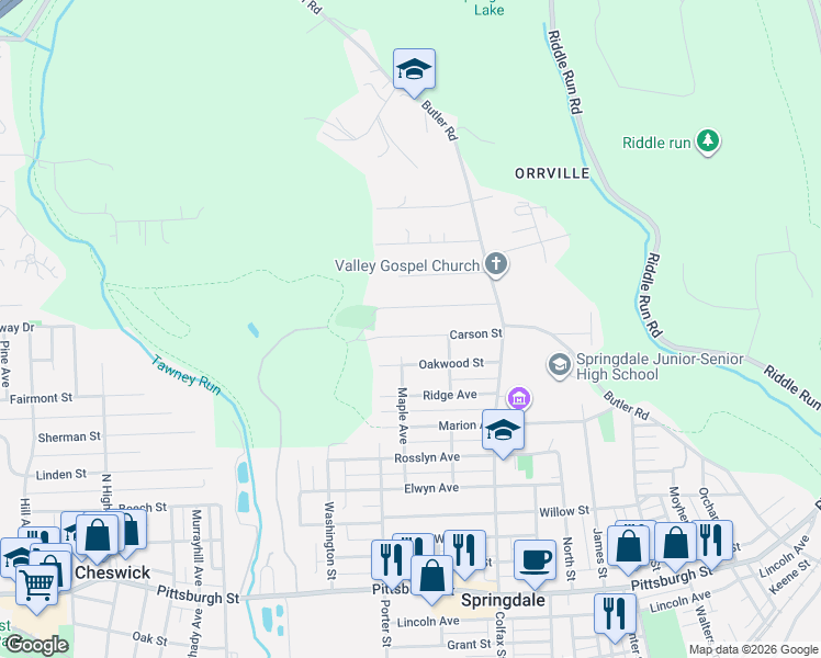 map of restaurants, bars, coffee shops, grocery stores, and more near 104 Williams Street in Springdale