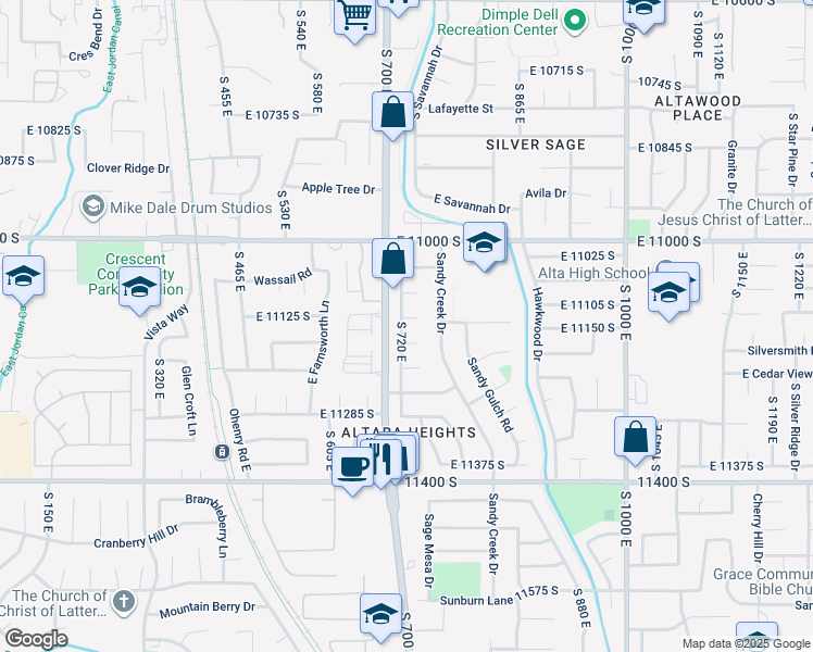 map of restaurants, bars, coffee shops, grocery stores, and more near 11143 Sandy Dunes Drive in Sandy