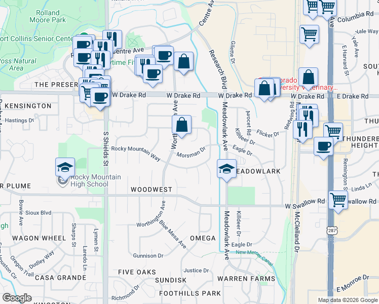 map of restaurants, bars, coffee shops, grocery stores, and more near 2724 Stagecoach Court in Fort Collins