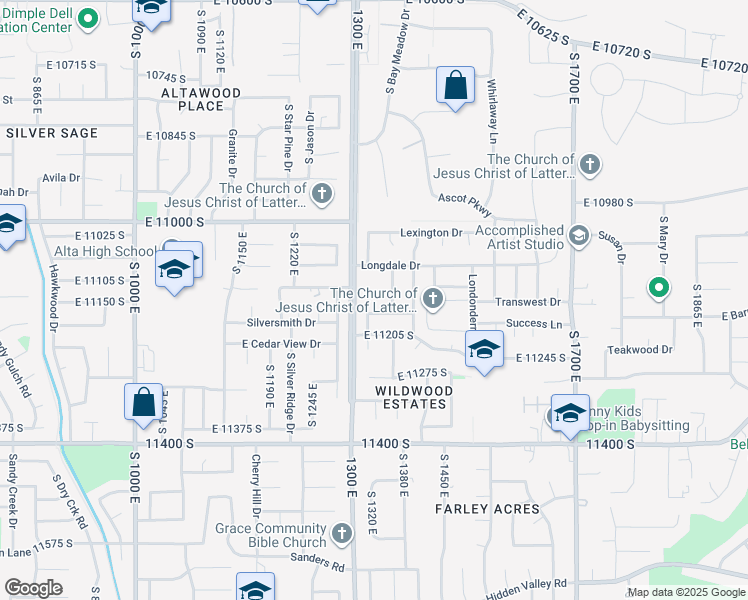 map of restaurants, bars, coffee shops, grocery stores, and more near 11139 South 1330 East in Sandy